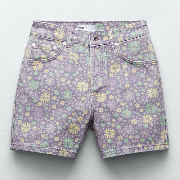 NEW! ZARA Floral High Waisted Denim 70s Shorts Lilac, Size US 04 (EU 36) - Picture 16 of 16